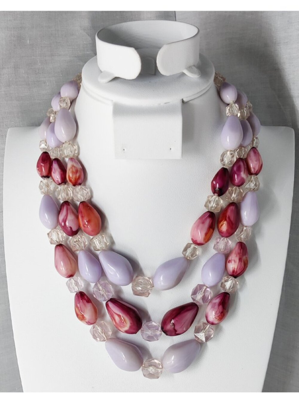 Vintage Signed Western Germany Purple Pink Bead Acrylic Multi Strand Necklace